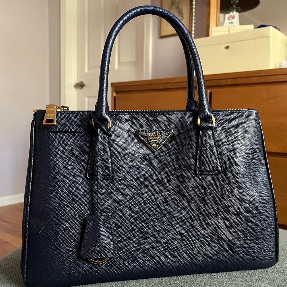 Prada Navy Blue Galleria Lux Tote Double Zip Shoulder Strap Small Gold